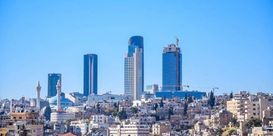 Skyscrapers appear in the distance in this aerial shot of Jordan.