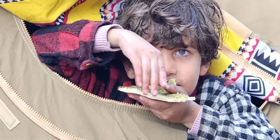 طفل فلسطيني نازح يطل برأسه من خيمة يقيم بها مع أسرته، وسط ظروف معيشية متردية، حيث لا تتوفر أبسط مقومات الحياة